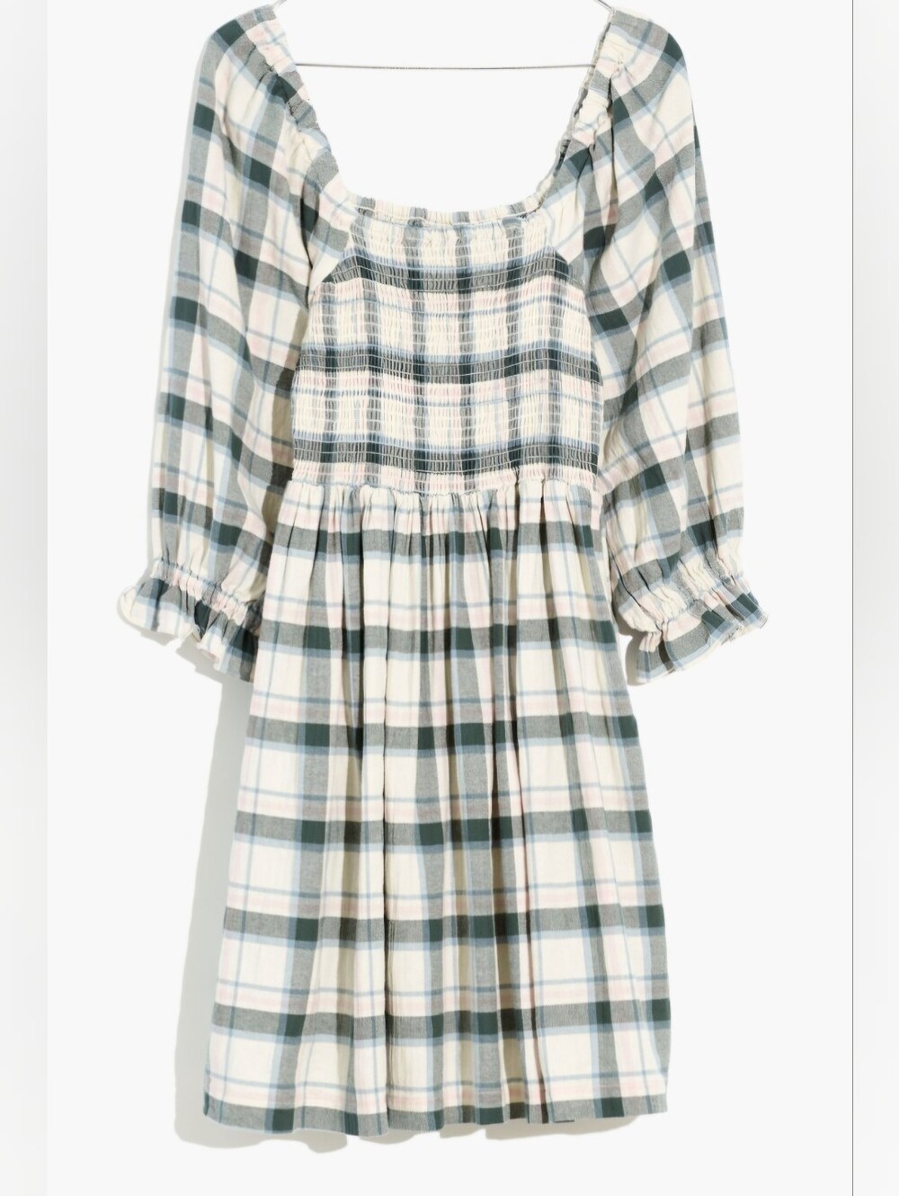 NWT Madewell Plaid Smocked Cotton Dress in White, Green & Light Pink Small